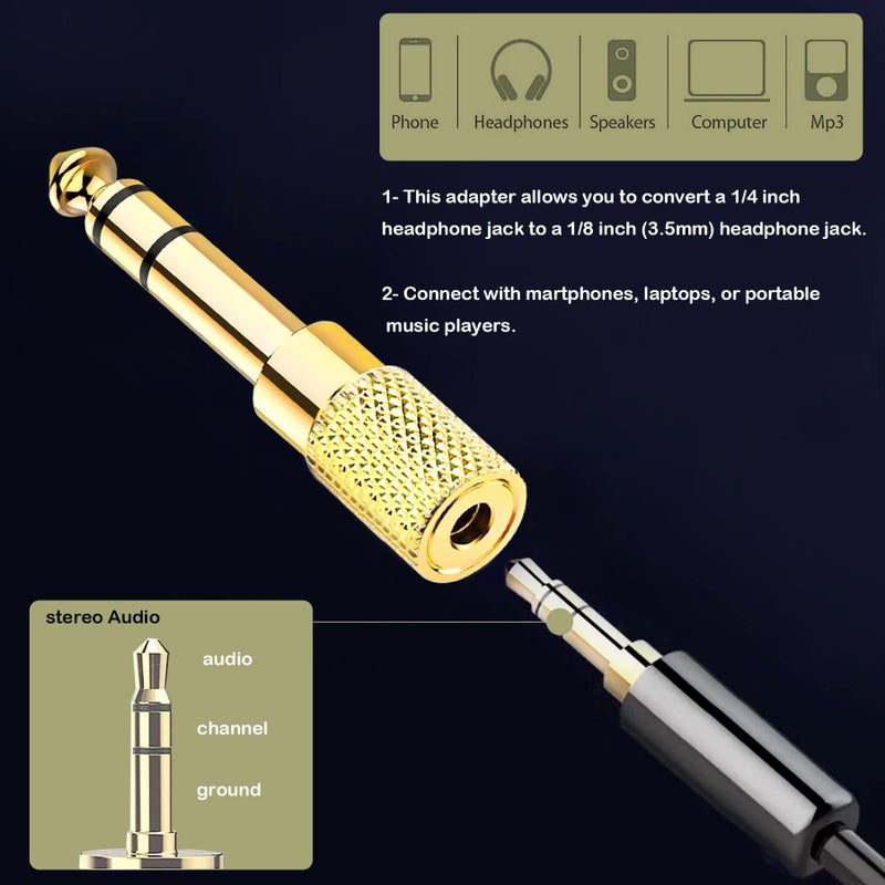 JOMLEY محول JOMLEY 1/4" إلى 3.5 مم، محول جاك سماعة أنثوي 3.5 مم إلى ذكر 1/4 بوصة لسماعات الرأس، مكبر الصوت، الجيتار الكهربائي، الجهاز اللوحي - عبوة 2 - Image 5